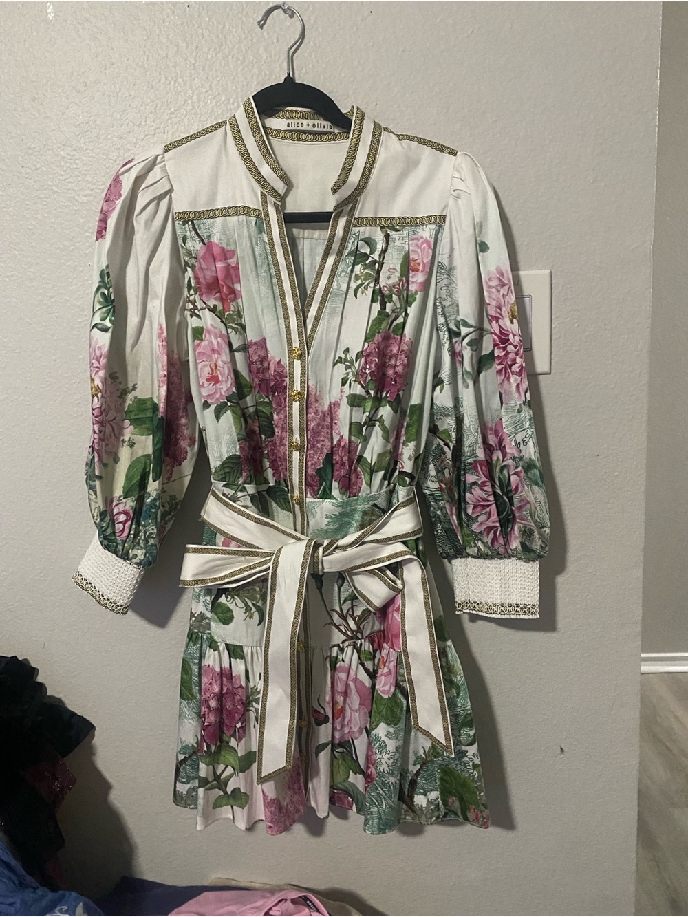 Alice + Olivia White Floral Mini Dress with Pink and Green Print